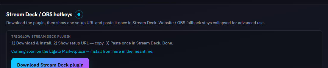 Stream Deck / OBS hotkeys panel with the Download Stream Deck plugin and Show Stream Deck setup URL buttons